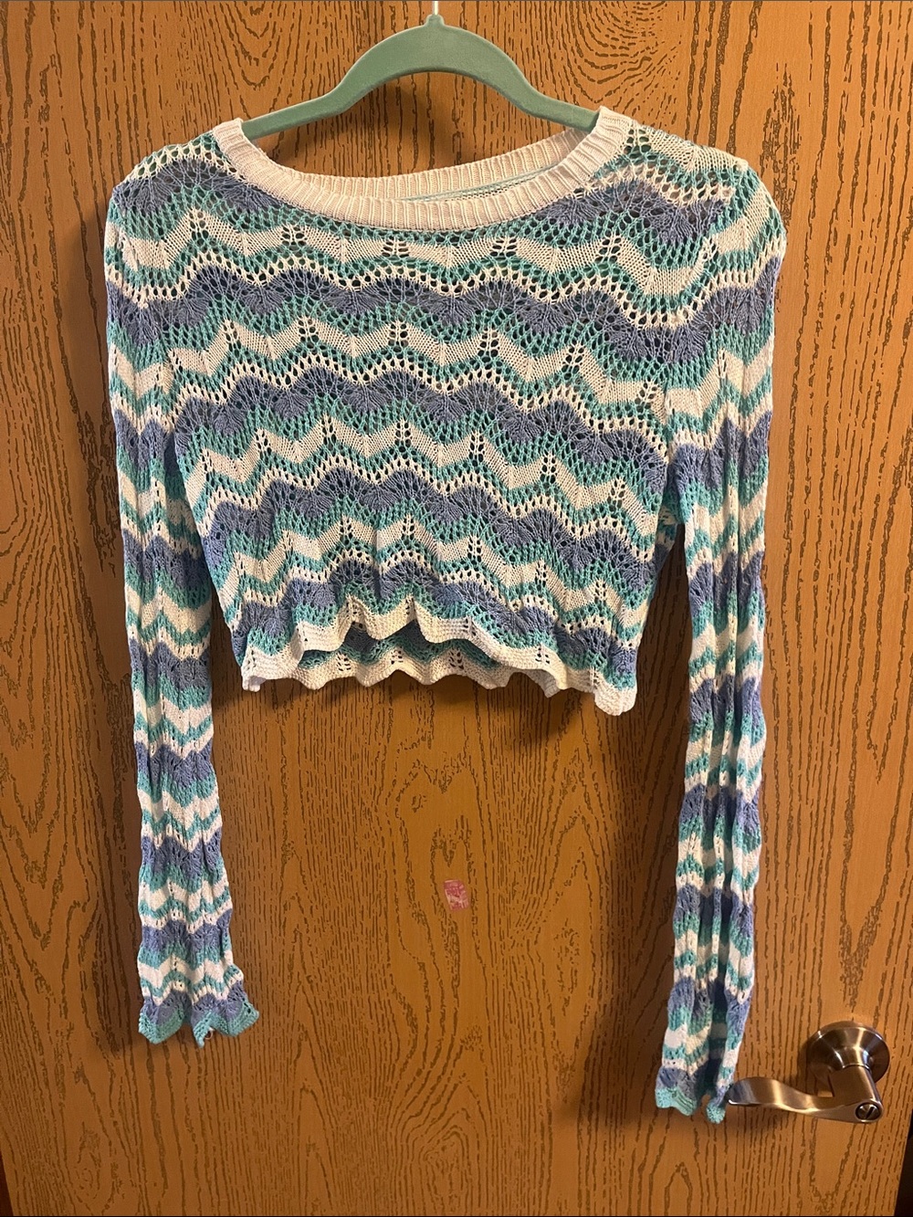 SHEIN Cropped Wave Knit Long-Sleeve Top - White, Blue & Purple